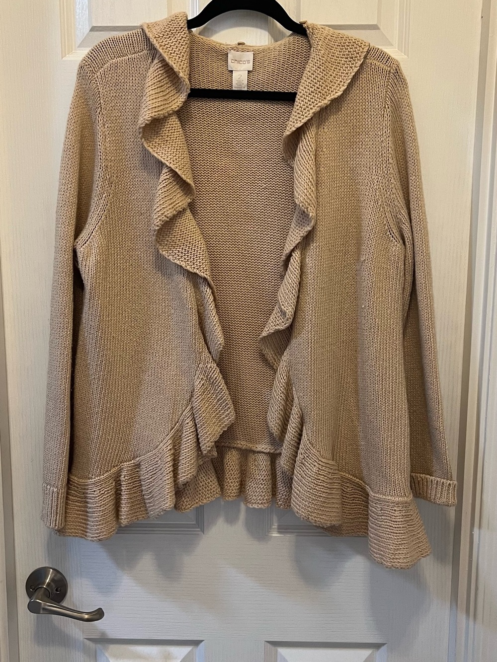 Chico's Beige Ruffle-Trim Knit Cardigan